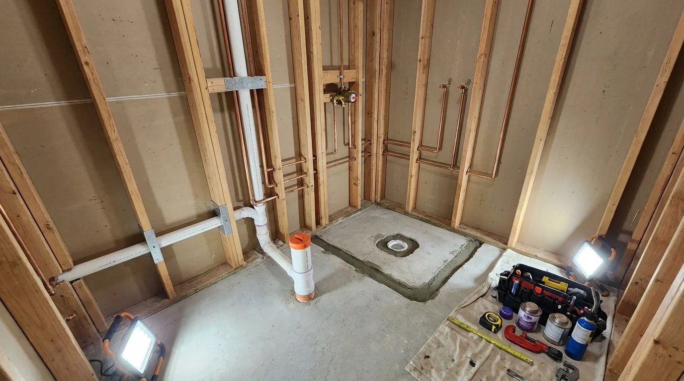 Bathroom rough-in plumbing during remodel by Johns Plumbing LLC in Pawcatuck