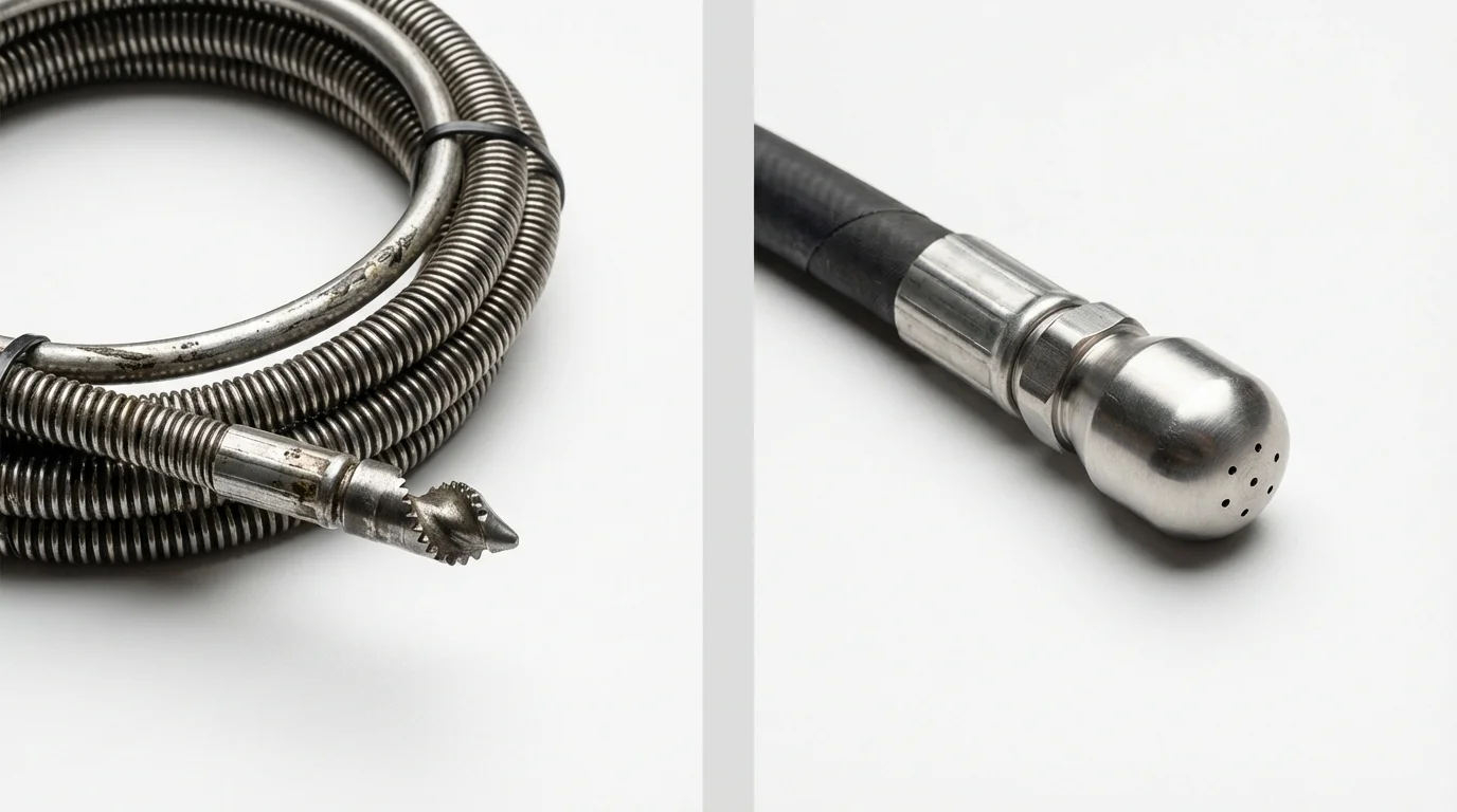 Drain snake cable and hydro jetting nozzle used for drain cleaning in Pawcatuck, CT