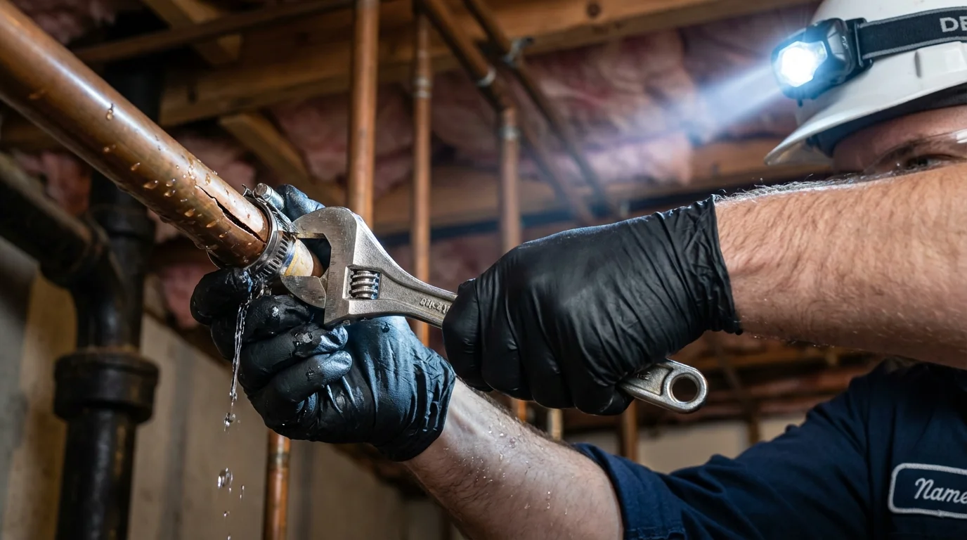 Emergency pipe clamp repair being performed by a Johns Plumbing LLC plumber in Pawcatuck