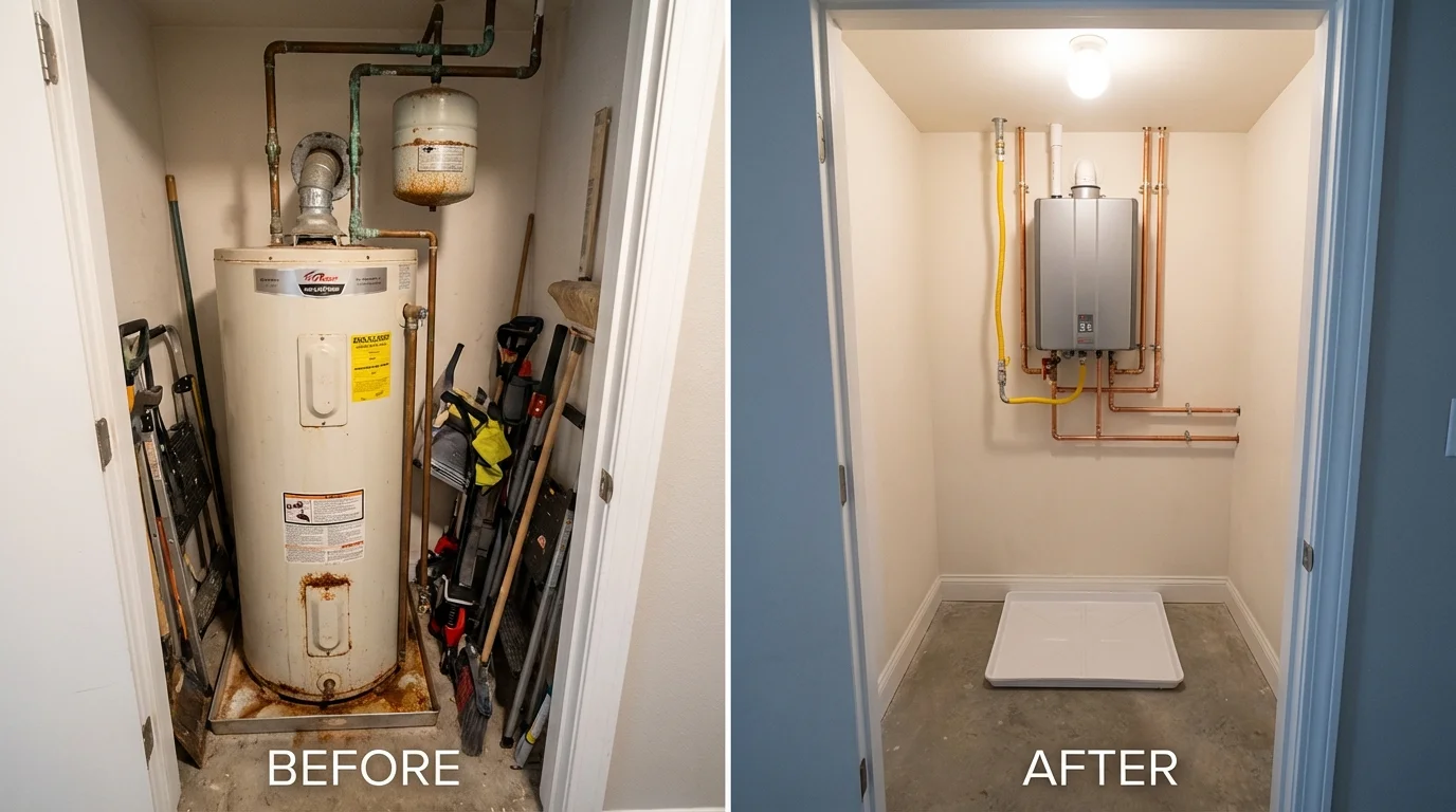 Tank water heater versus wall-mounted tankless unit comparison for Pawcatuck, CT homeowners