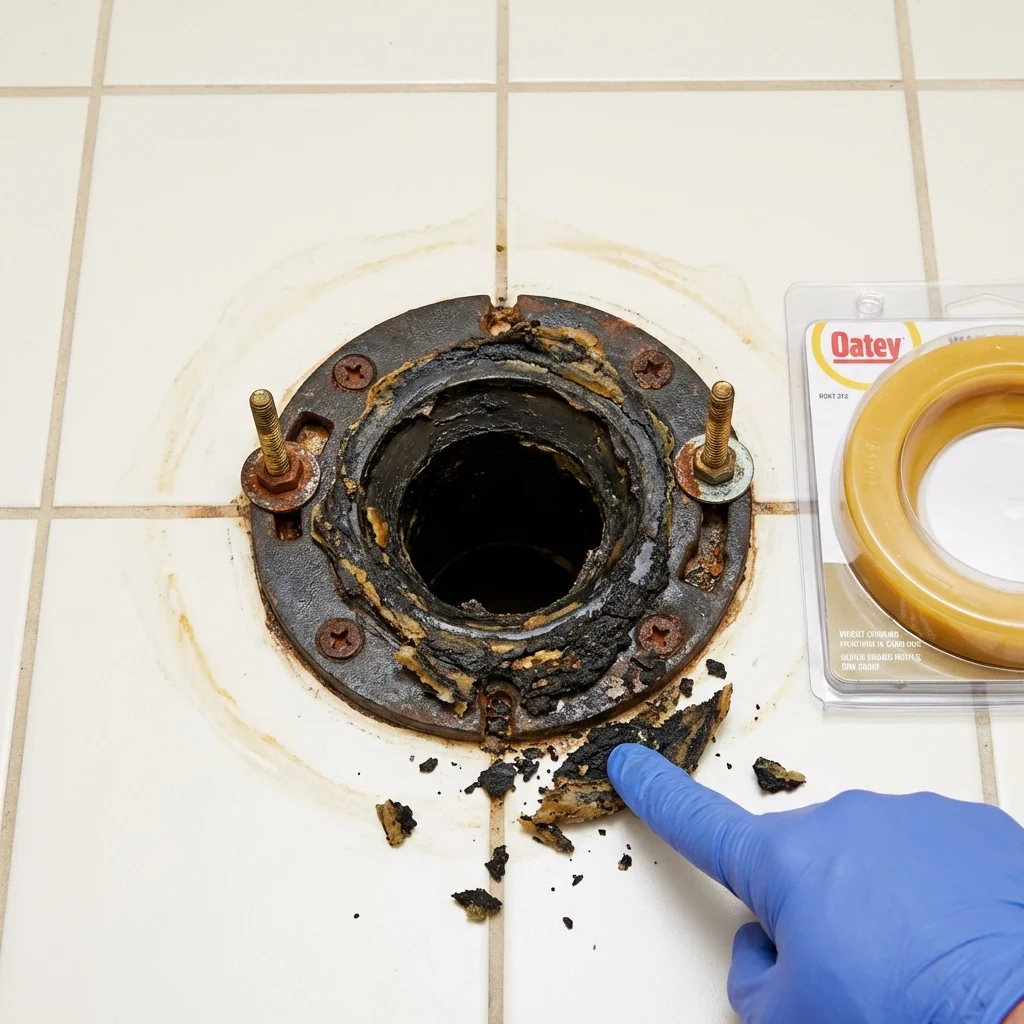 Failed wax ring showing water seepage at the base of a toilet in a Pawcatuck, CT home