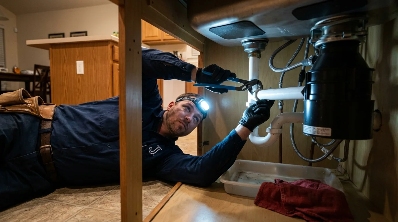 P-trap and supply line connections under a kitchen sink showing a common leak point in Pawcatuck, CT